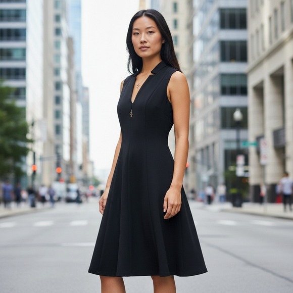 Calvin Klein Dresses & Skirts - Calvin Klein Womens Black Sleeveless Notched V-Neck Fit & Flare Dress Size 4